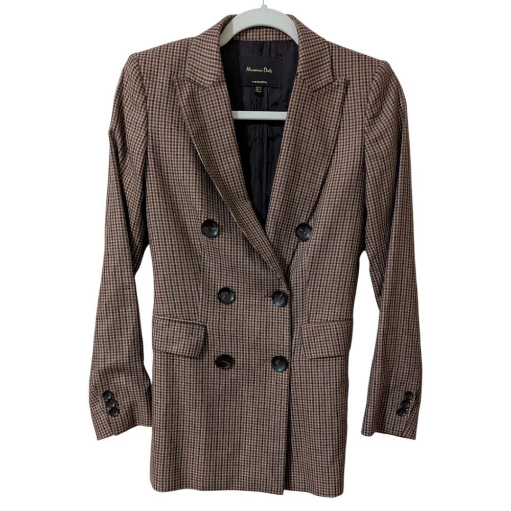 Massimo Dutti Women's 2 Houndstooth Checkered Wool Blend Double Breasted Blazer